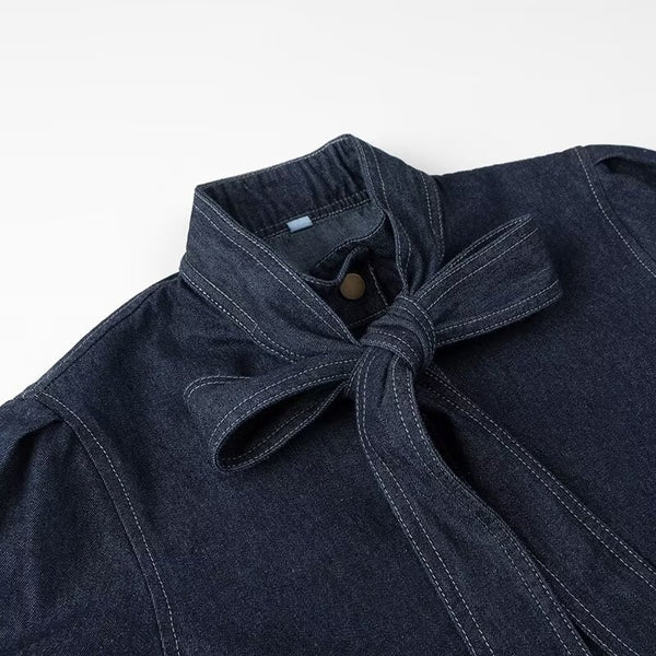 Camisa Denim Azul Oscuro Lavado - Diseño Casual con Cordones y Lazo