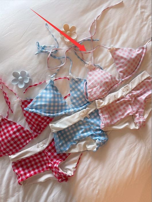 Light blue and white gingham bikini set with a triangle halter top and low-rise boy short bottoms with a small bow. - Image 7
