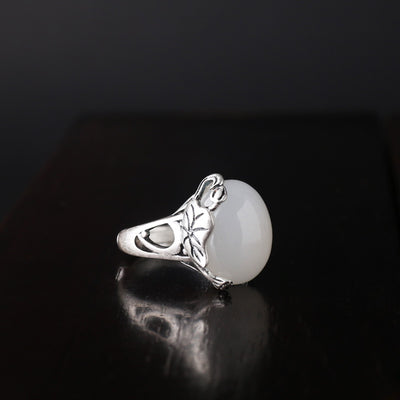 Anillo de Plata S990 con Jade Blanco Hetian Natural, Diseño Étnico Retro de Flor de Loto - Image 9