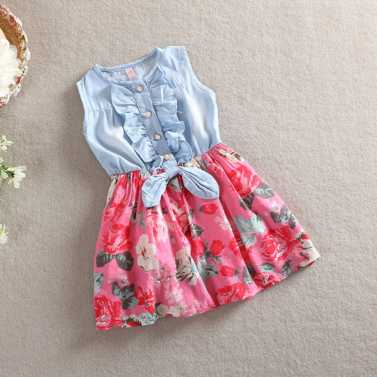 Vestido Infantil sin Mangas de Denim con Estampado Floral - Image 10