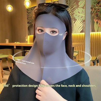 Light gray ice silk full face sun protection mask with neck coverage and ear hooks, offering UPF 50+ UV protection.