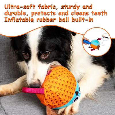 Plush owl dog chew toy in blue, brown, and orange with a chevron pattern, featuring a hanging loop. Measures 13.5cm. - Image 7