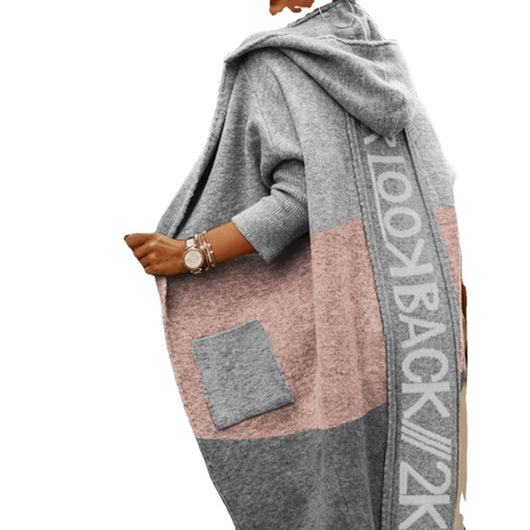 Cardigan Largo Casual con Bolsillos y Capucha Color Block - Image 8
