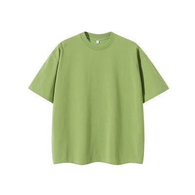 Moss green short-sleeve cotton t-shirt with a crew neck and a relaxed, oversized fit. - Image 6