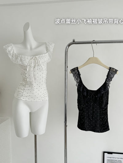Blusa Crop Ajustada con Volantes, Encaje y Lunares - Manga Casquete - Image 3