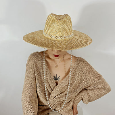 Sombrero de Paja Jazz con Cadena de Perlas y Ala Ancha para Playa - Image 8