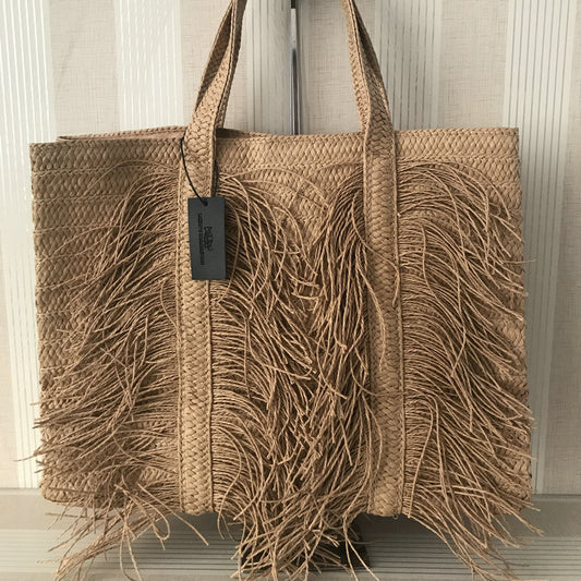 Bolsa Tejida de Paja con Borlas Cuadrada para el Hombro