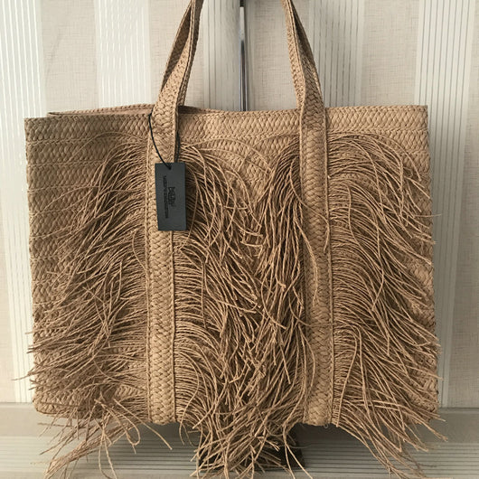 Bolsa Tejida de Paja con Borlas Cuadrada para el Hombro