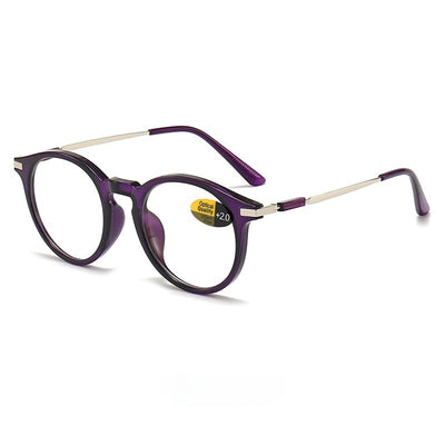 Dark purple round-frame anti-blue light reading glasses with silver-colored temples on a white background. - Image 5