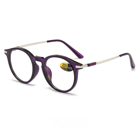 Dark purple round-frame anti-blue light reading glasses with silver-colored temples on a white background. - Image 5