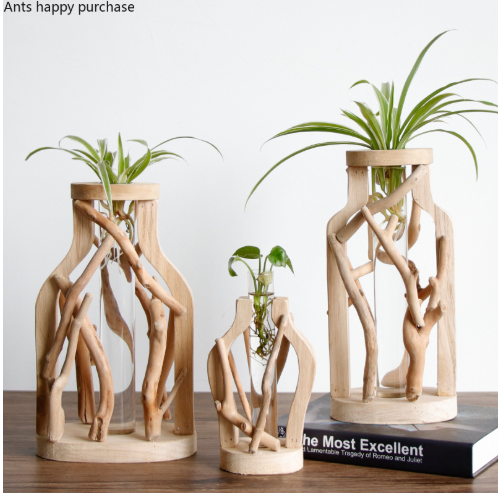 Jarrón de Madera Maciza Artesanal con Diseño Decorativo para Flores y Plantas Hidropónicas - Image 26