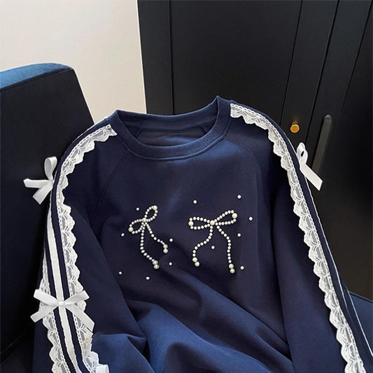 Blusa Coreana Cuello Lazo con Detalles de Cuentas Patchwork - Image 2