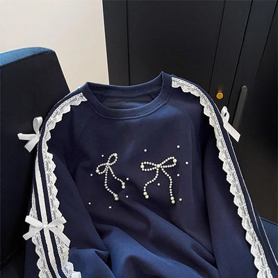 Blusa Coreana Cuello Lazo con Detalles de Cuentas Patchwork - Image 2