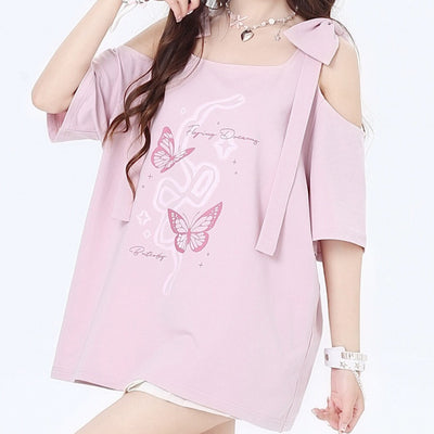 Blusa Hombros Descubiertos con Lazo Estampado Manga Corta - Image 6