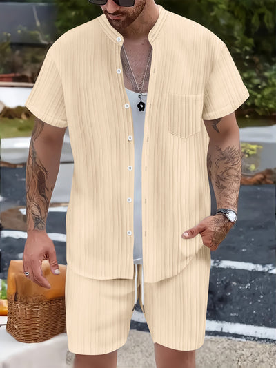 Conjunto Casual de 2 Piezas: Camisa Cuello Parado y Shorts para Hombre - Image 9