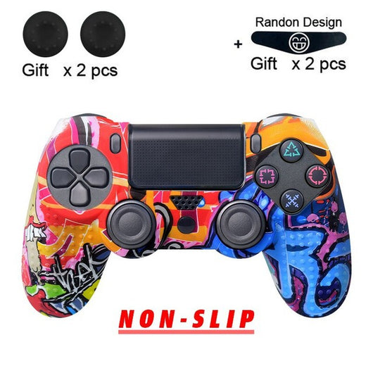 Bright yellow silicone protective cover for a PS4 controller, featuring black buttons and colored action symbols. - Image 44