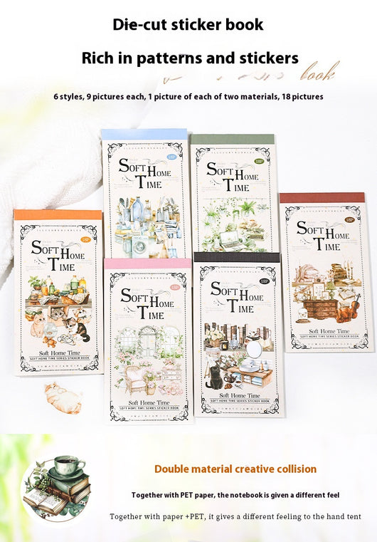 Soft Home Time Series decorative stickers featuring retro-style illustrations of furniture, books, and flowers. - Image 24