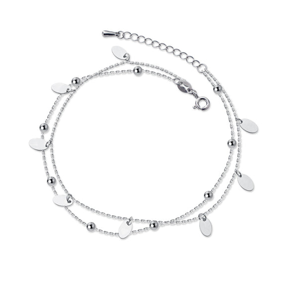 Pulsera Tobillera Plata S925 Doble Capa Diseño Minimalista Ovalada Brillante