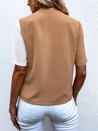 Blusa Elegante de Chifón con Contraste y Manga Corta para Mujer - Image 13
