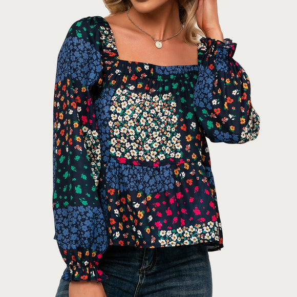 Blusa Casual con Cuello Cuadrado, Mangas Volantes y Flores Pequeñas