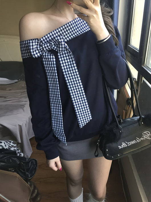Blusa a Cuadros con Hombros Descubiertos y Manga Larga para Mujer - Image 3