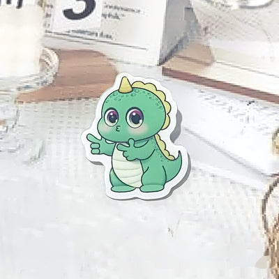 Cute green cartoon dinosaur acrylic badge brooch with a shy expression and small spikes on its back. - Image 19