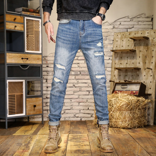 Jeans Slim Fit Rectos con Detalles de Rotos y Contraste de Color