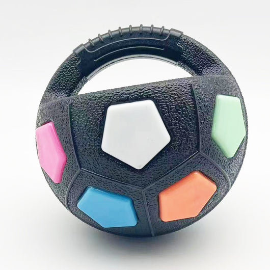 Black and white soccer ball dog toy with a textured handle, designed for interactive play and self-amusement. - Image 13