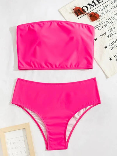 Vibrant orange strapless bandeau bikini top and high-waisted bottoms set, worn by a woman with a white shirt. - Image 21