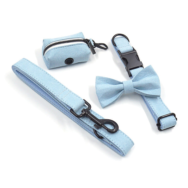 Collar y Correa para Mascotas Terciopelo Azul Claro con Hebilla Negra y Moño