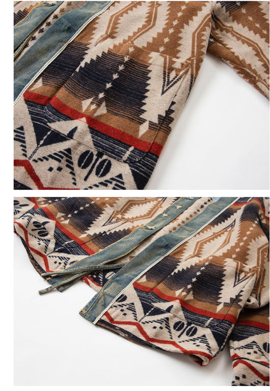 Abrigo de Lana Vintage con Patchwork de Denim para Hombre - Image 12