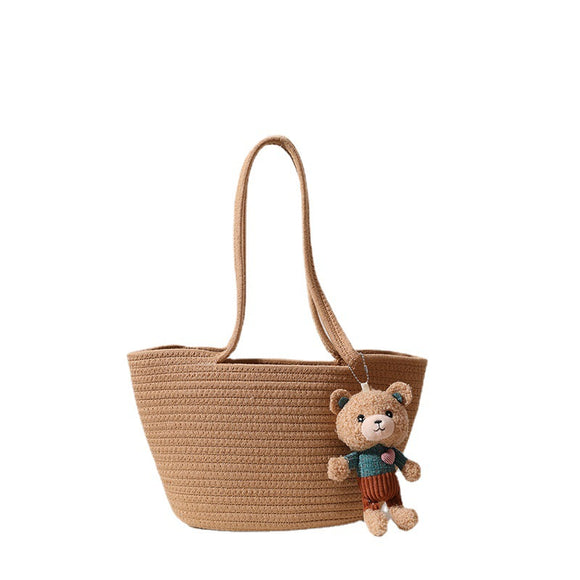 Bolsa de Hombro Tejida en Algodón con Detalles de Rafia