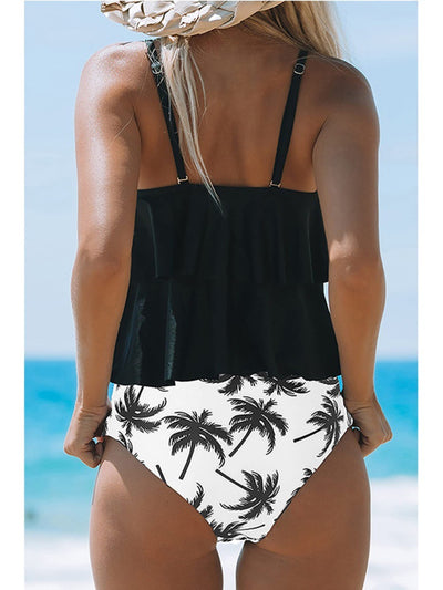 Black two-piece bikini swimsuit with a ruffled tankini top and high-waisted ruched bottoms. - Image 4