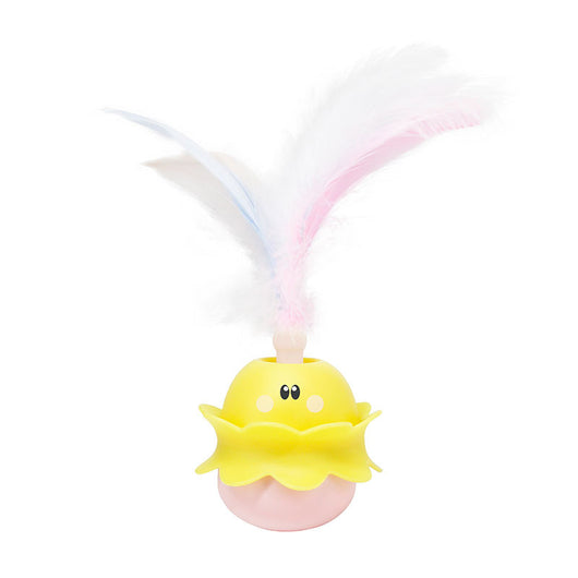 Interactive automatic cat feather toy with a yellow and pink base, featuring white, pink, and blue feathers. - Image 8