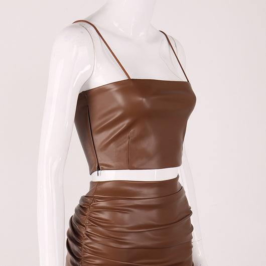 Conjunto de Dos Piezas Falda Corta Strapless en Cuero PU - Image 17