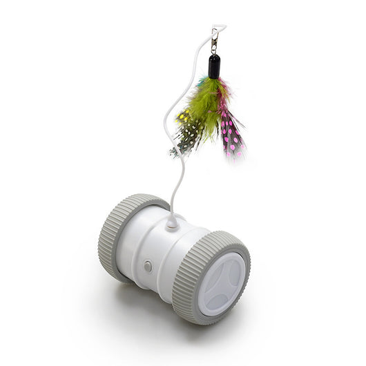 Automatic cat teasing toy with a white roller base and gray wheels, featuring a colorful feather attachment. - Image 5