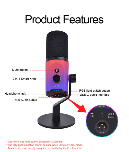Micrófono XLR USB Dual Modo con Bobina Móvil y Reducción de Ruido ZX777 - Image 16