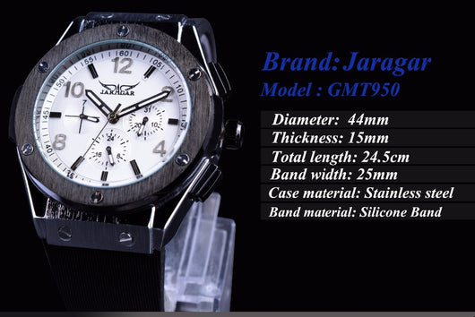Reloj Automático Mecánico de Lujo Seis Agujas Esfera Blanca Correa Negra - Image 8