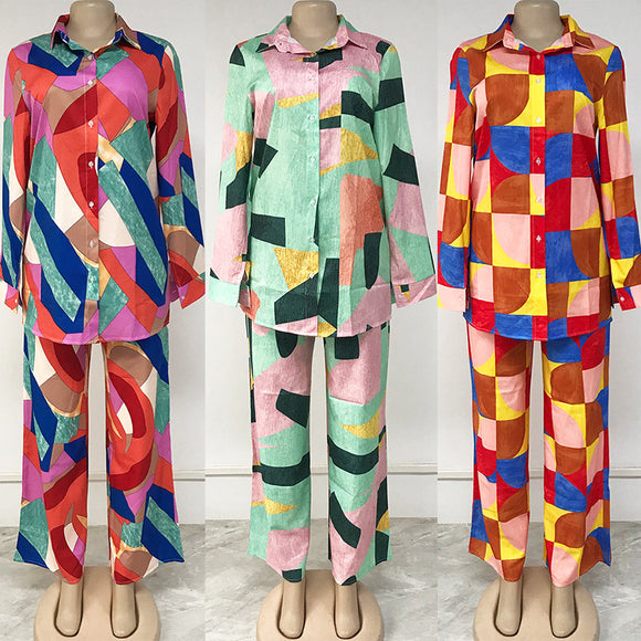 Conjunto Suelto de Blusa Estampada y Pantalón para Mujer