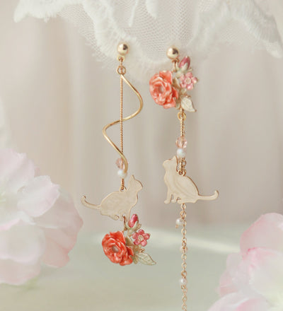 Aretes de Gato Dulce Estilo Japonés con Corazón y Brisa - Diseño Hada Delicado