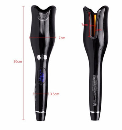 Black automatic curling iron with a digital temperature display and control buttons, featuring a curved barrel and swivel cord. - Image 8