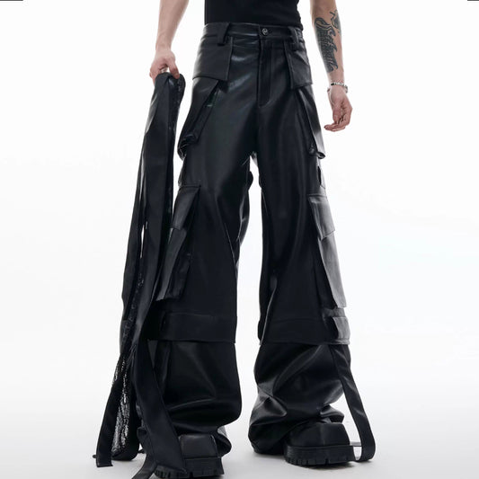 Pantalones de Cuero Retro con Múltiples Bolsillos y Detalles de Costura