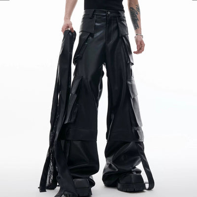 Pantalones de Cuero Retro con Múltiples Bolsillos y Detalles de Costura