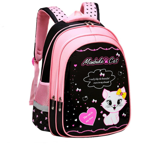 Kids black and pink backpack with a cute white cat print, paired with a matching lunch bag. - Image 11