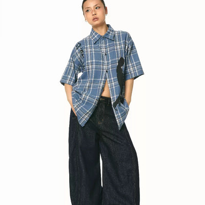 Camisa Cuadriculada Azul Holgada de Manga Corta - Image 11
