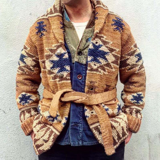 Cardigan Tejido Grueso Jacquard para Hombre - Abrigo de Invierno con Cierre de Cordones