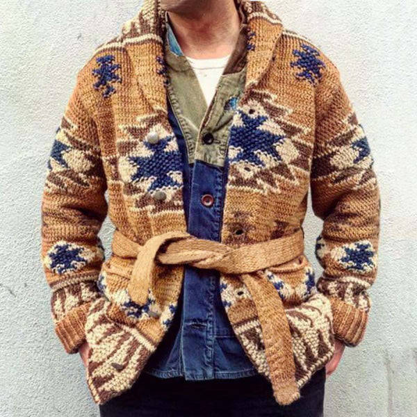 Cardigan Tejido Grueso Jacquard para Hombre - Abrigo de Invierno con Cierre de Cordones