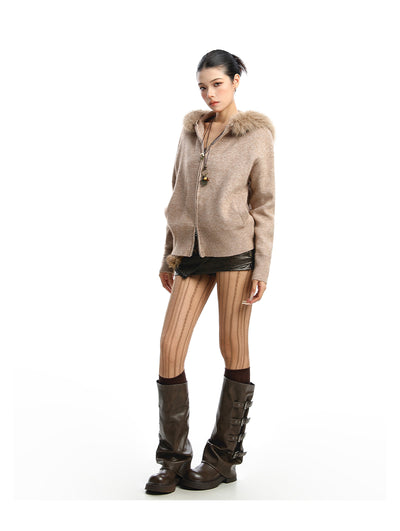 Abrigo Cardigan con Capucha y Cuello de Pelaje Beige para Mujer - Image 26