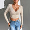 Blusa Ajustada de Cuello en V con Amarre en Cintura - Manga Larga Otoño Invierno