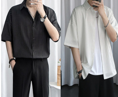 Camisa Manga Corta Hombre Rayas Negra Elegante - Image 14